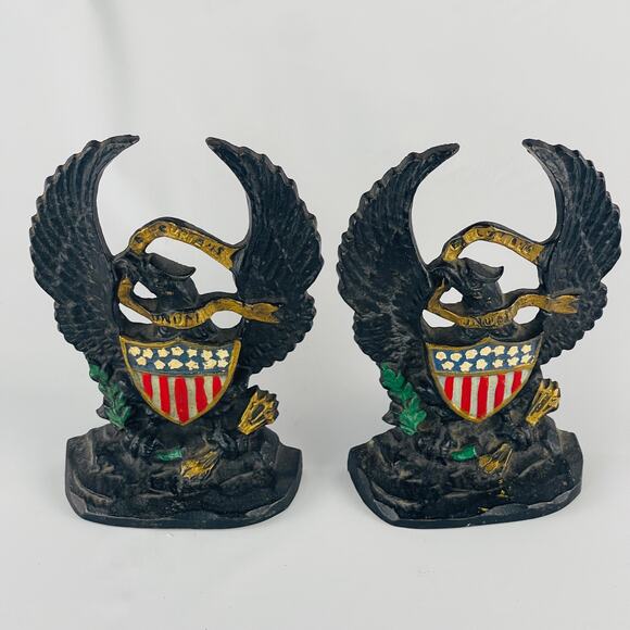 VTG Hubley Antique Book Ends Cast Iron Old Abe American Eagle w/ 13 Star Shield - Picture 1 of 4
